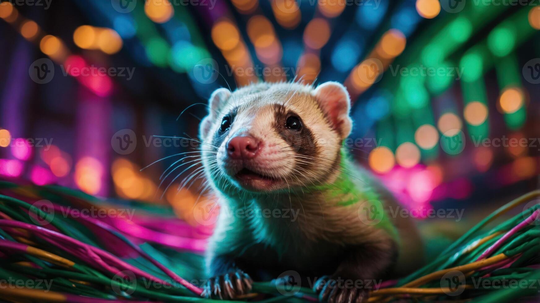 A close-up of a ferret surrounded by colorful lights and vibrant wires. photo