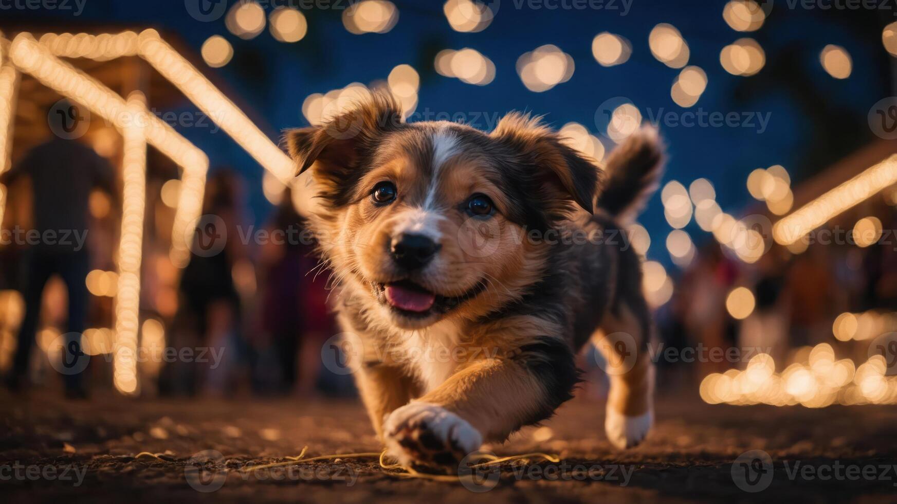 A playful puppy runs joyfully through a festive setting adorned with lights. photo