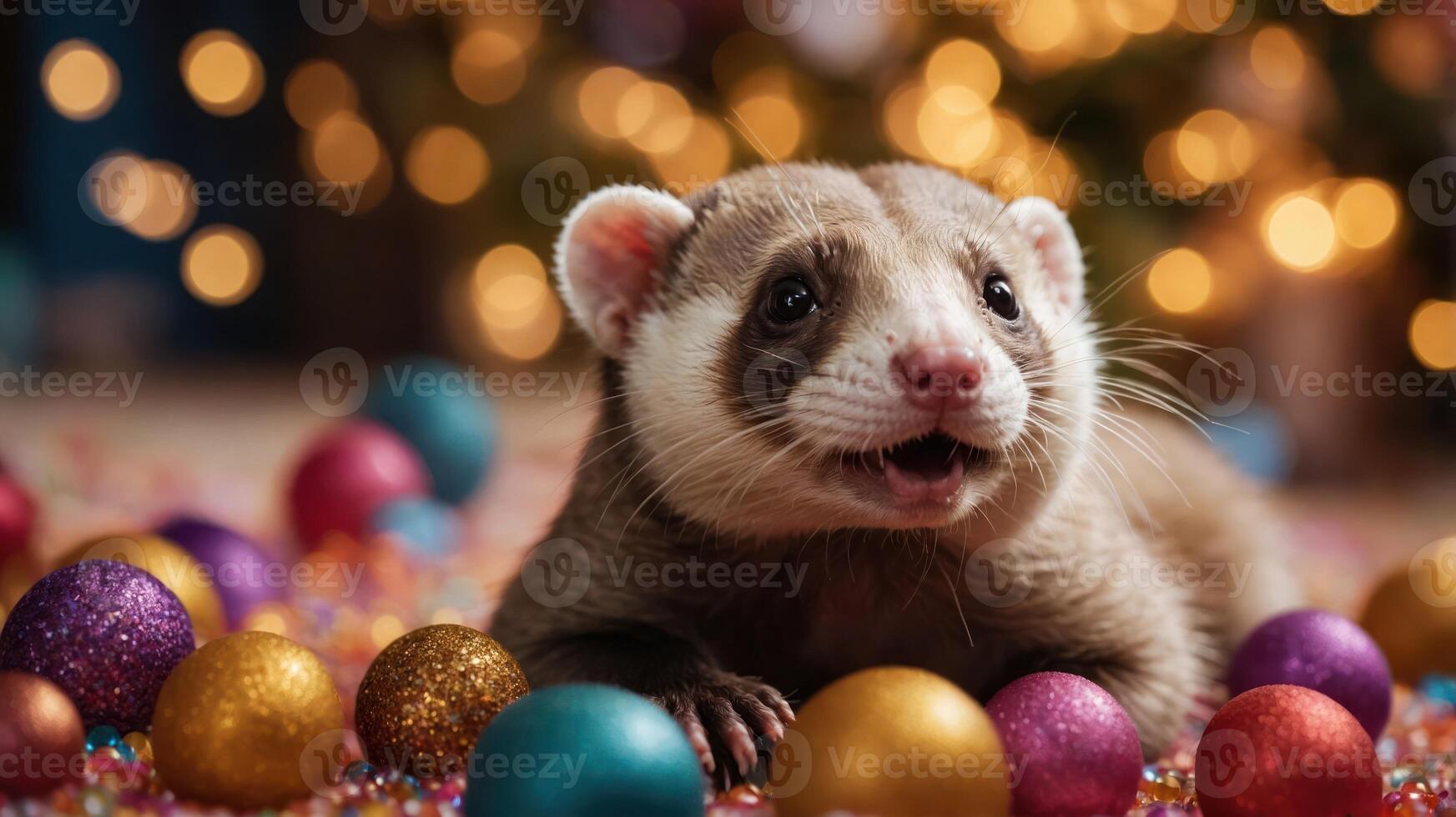 A playful ferret surrounded by colorful ornaments and festive decorations. photo