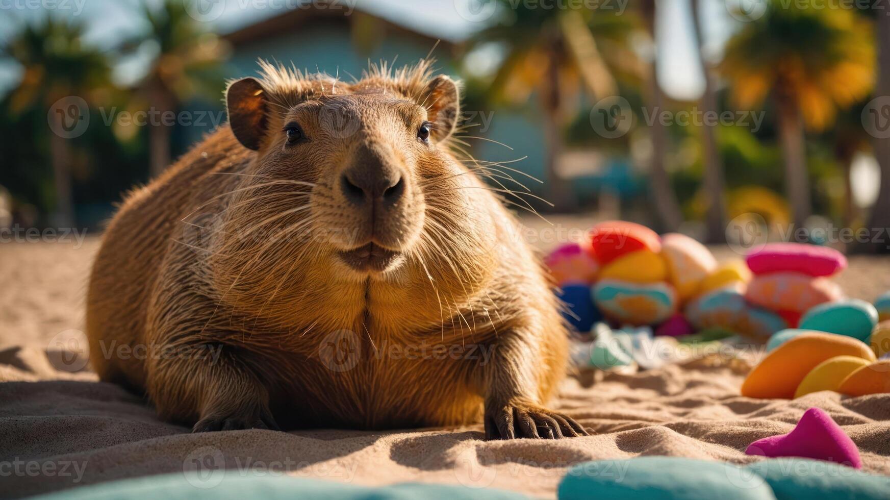 A capybara lounging on a beach with colorful stones nearby. photo