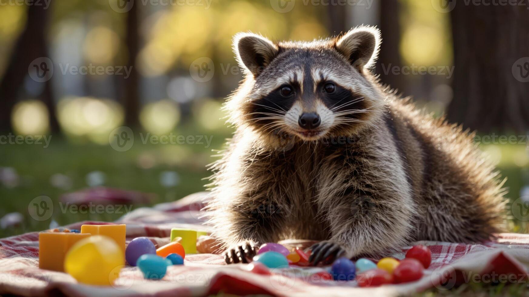 A raccoon sits on a blanket surrounded by colorful toys in a sunny park setting. photo