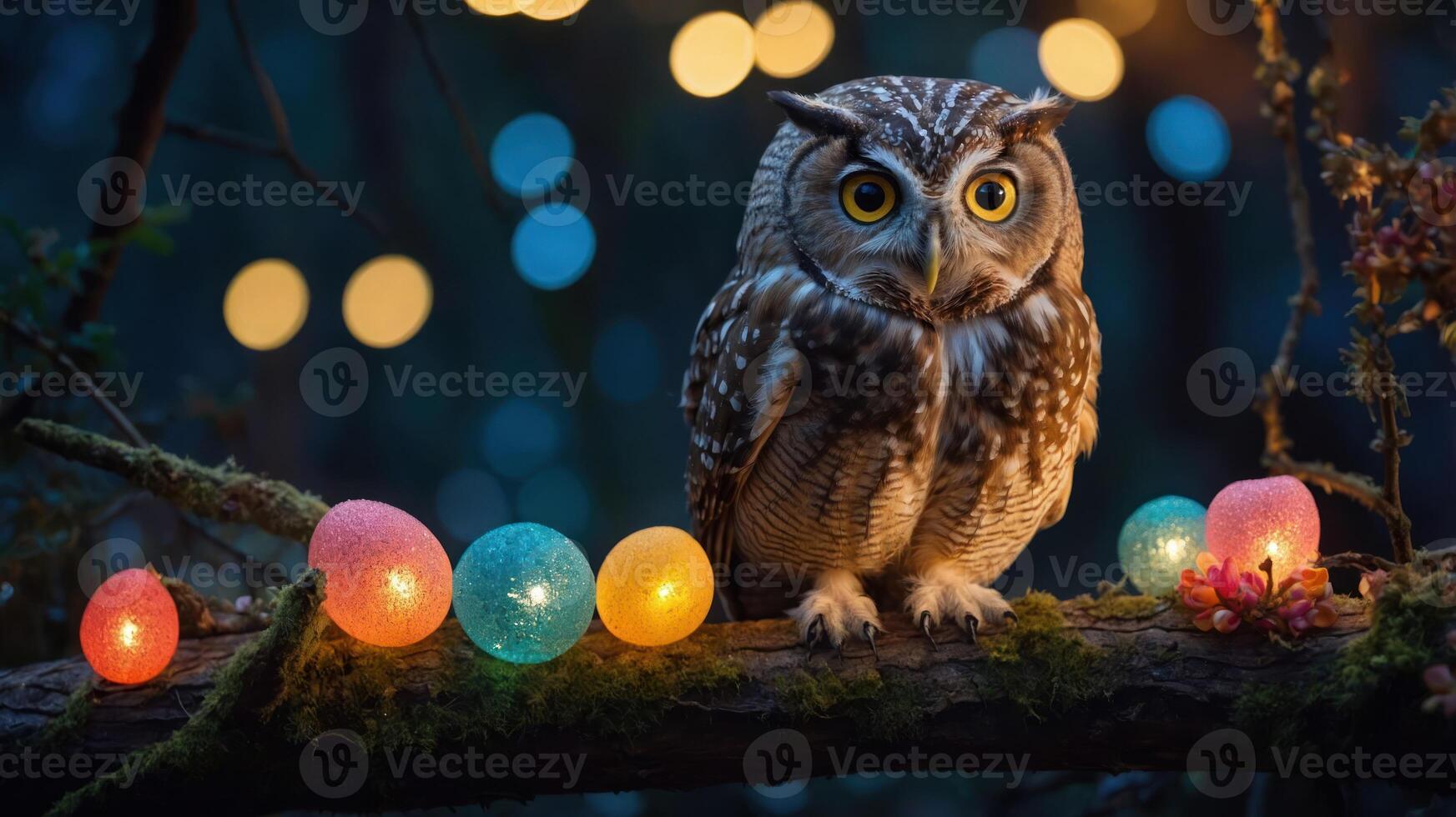 An owl perched on a branch with colorful decorative eggs and lights in a forest setting. photo