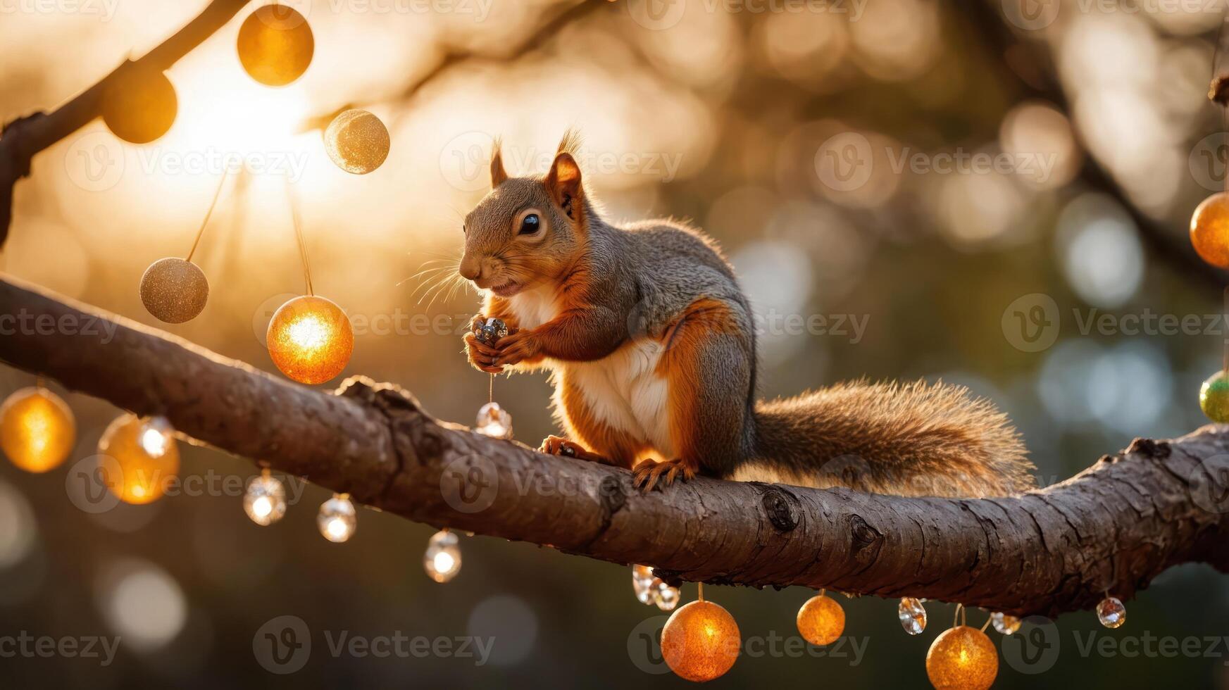 A squirrel sitting on a branch, surrounded by decorative lights and a warm sunset backdrop. photo