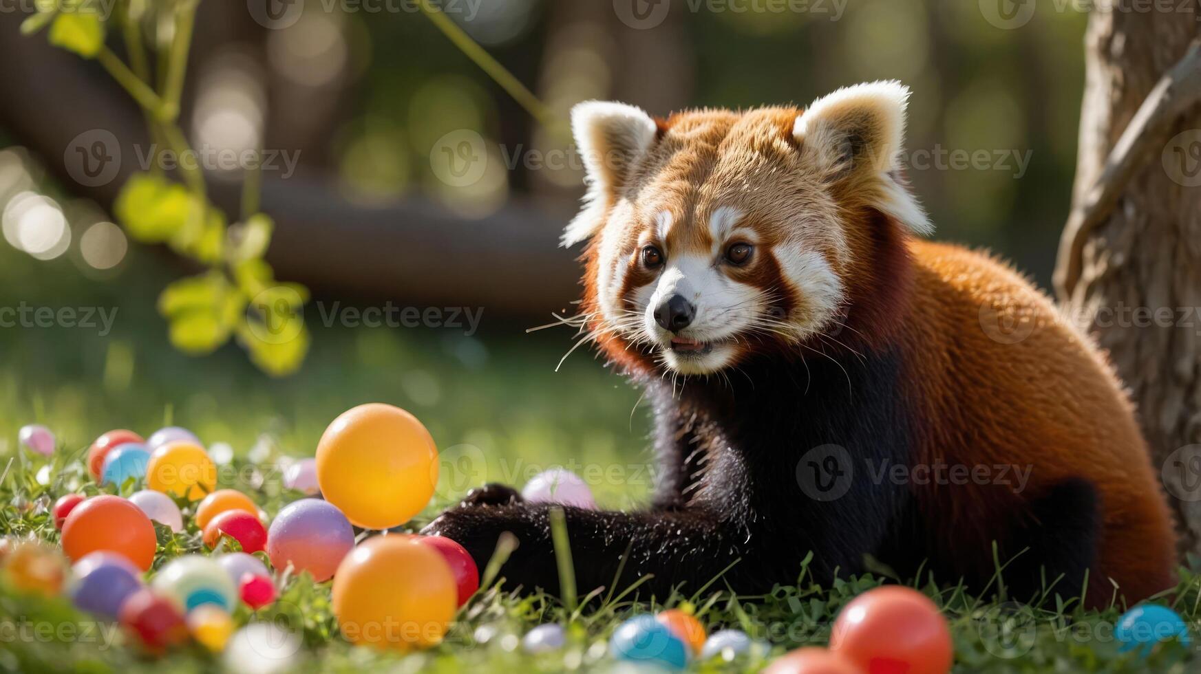 A red panda playing among colorful plastic balls in a grassy area. photo