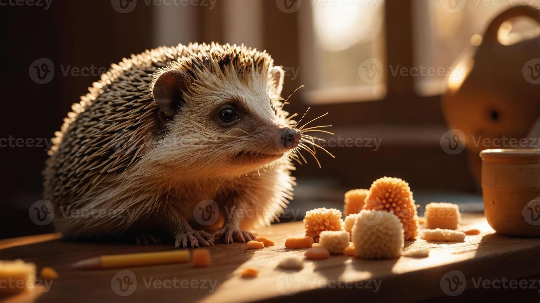 A hedgehog sits on a table surrounded by small, colorful treats in warm lighting. photo