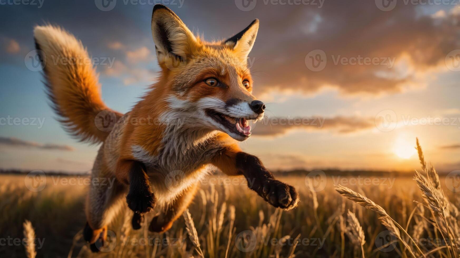 A fox leaps joyfully through a sunlit field, capturing the essence of nature's beauty. photo