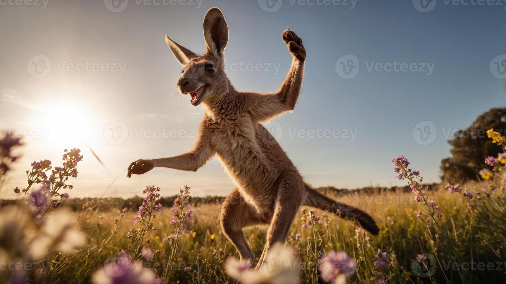 A joyful kangaroo hopping through a field of flowers under a sunset. photo