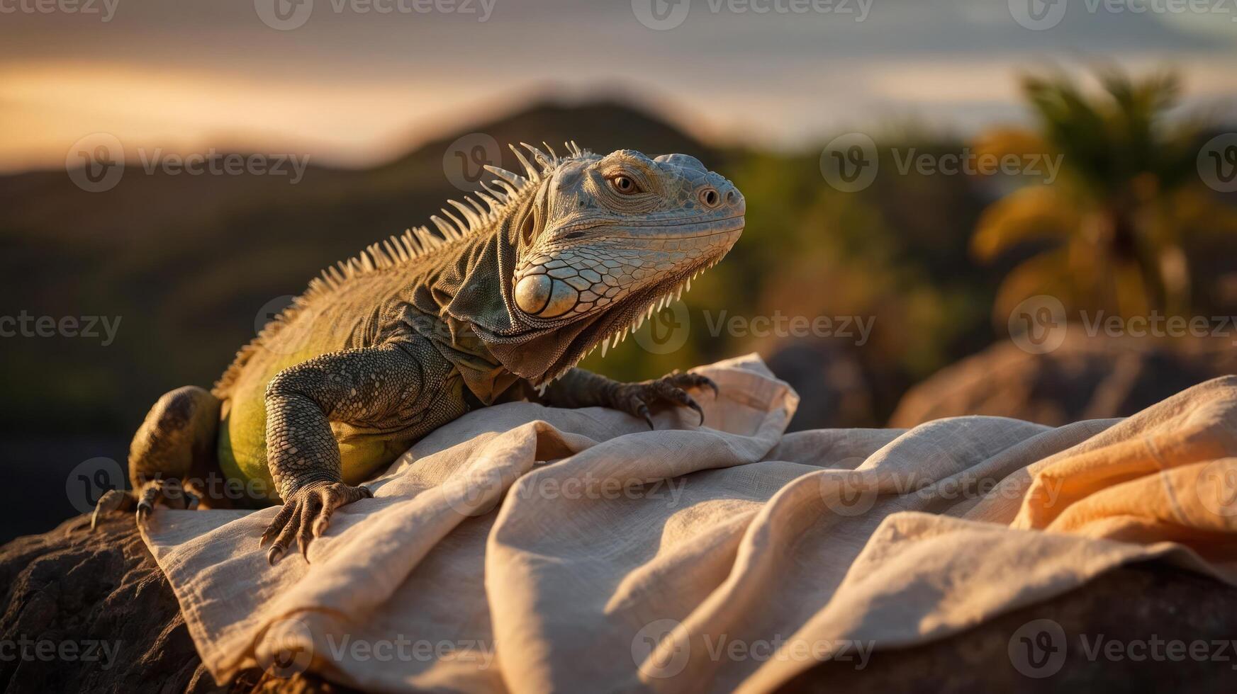 A close-up of an iguana resting on a cloth in a natural setting during sunset. photo
