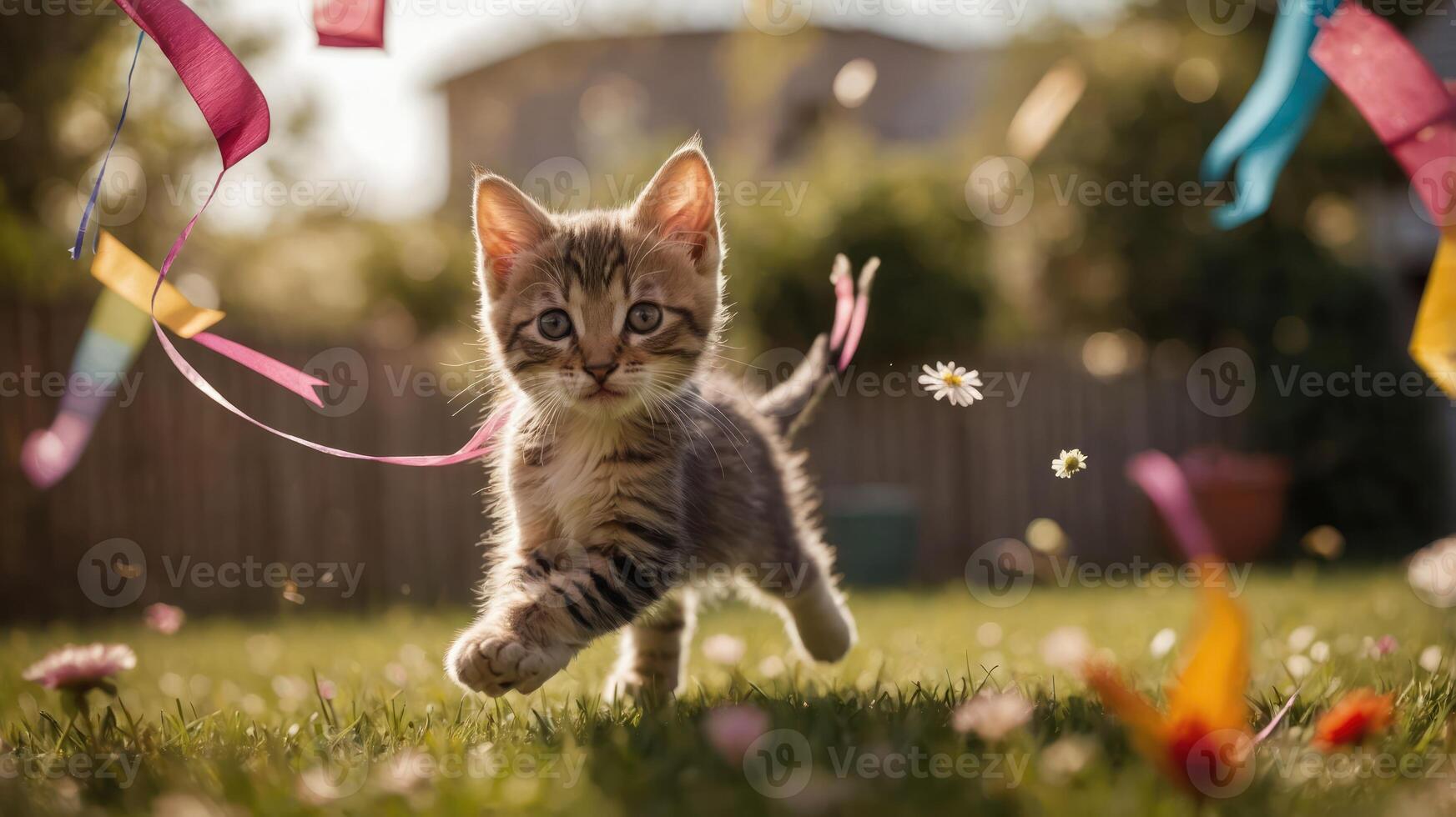 A playful kitten runs through a garden, surrounded by colorful ribbons and flowers. photo
