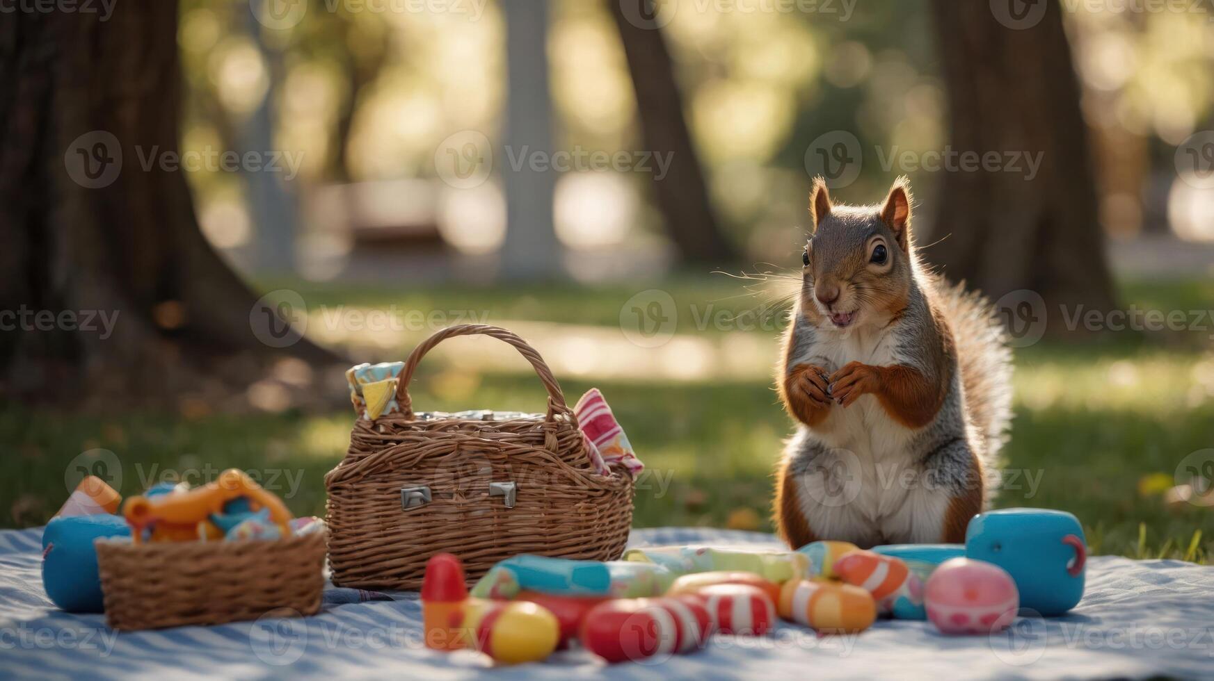 A squirrel enjoys a picnic setup with colorful toys and a basket in a sunny park setting. photo