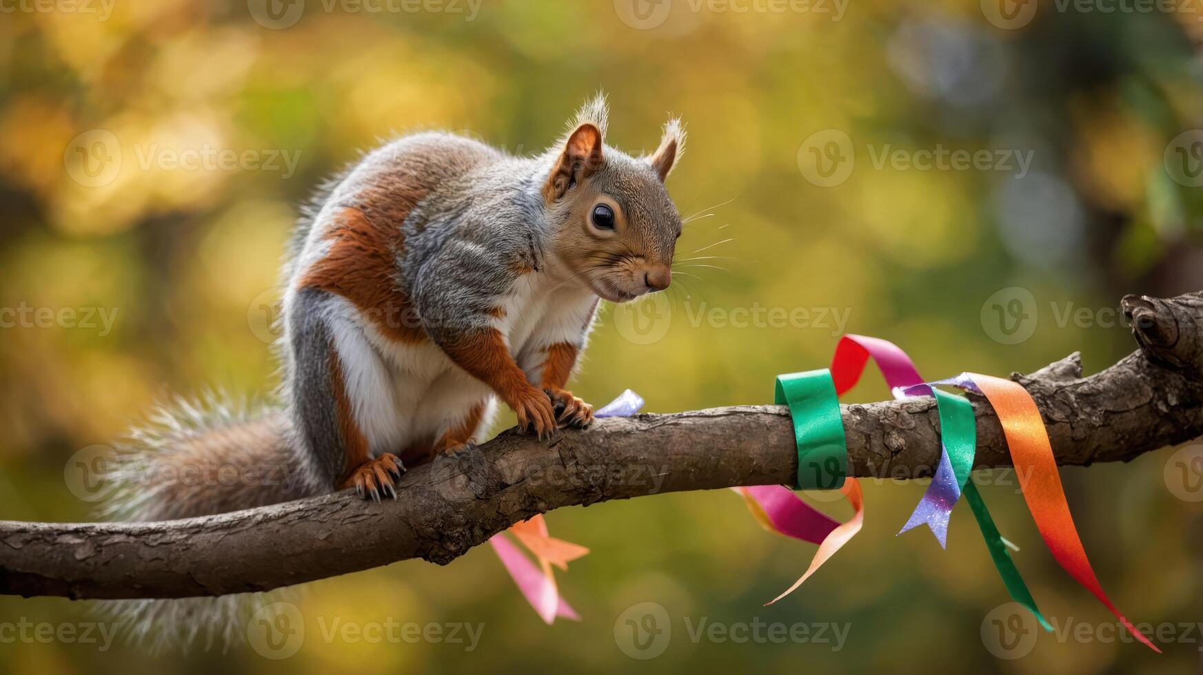 A squirrel perched on a branch with colorful ribbons in a natural setting. photo