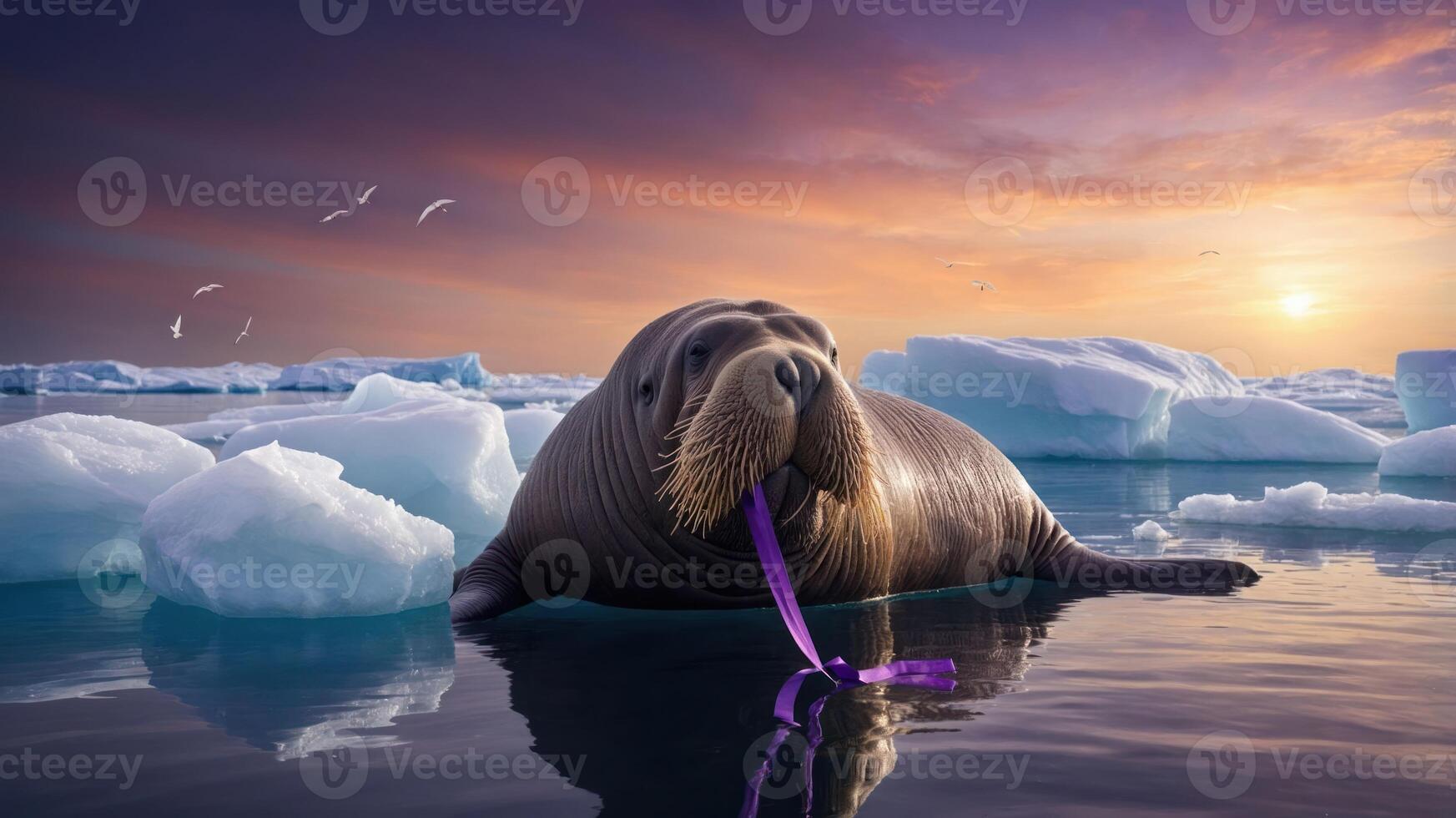 A walrus resting on ice in a serene arctic landscape at sunset. photo