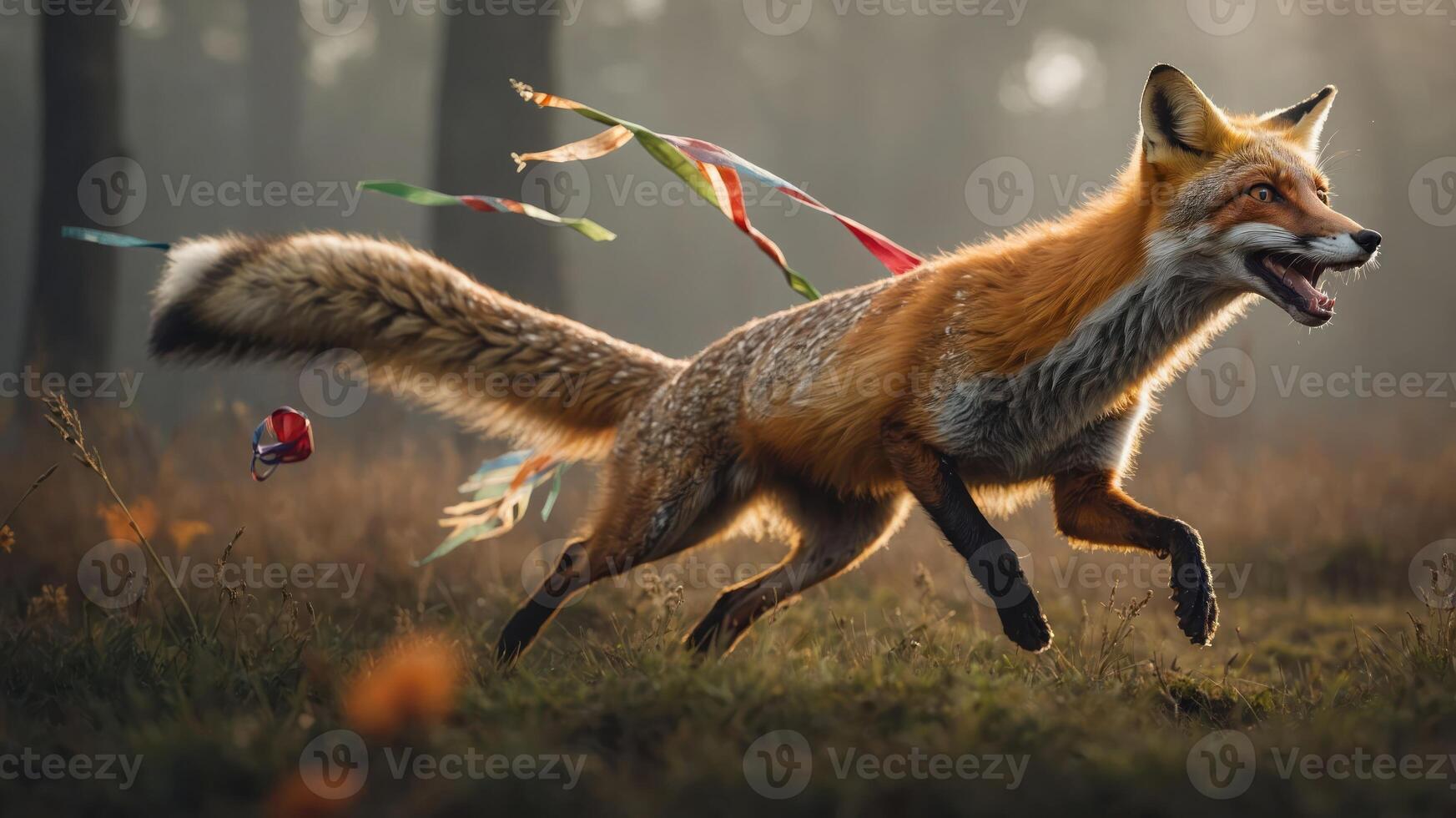 A lively fox runs through a misty forest, adorned with colorful ribbons trailing behind. photo