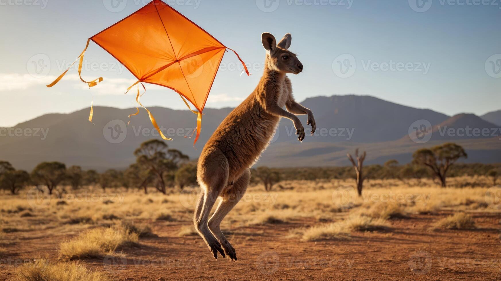 A kangaroo leaps joyfully with an orange kite in a scenic landscape. photo