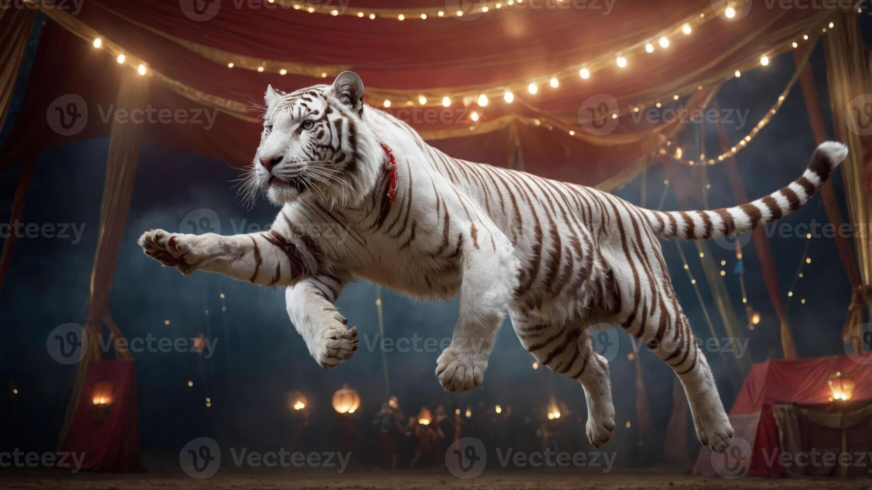A majestic white tiger leaps gracefully in a circus setting, showcasing its power and beauty. photo