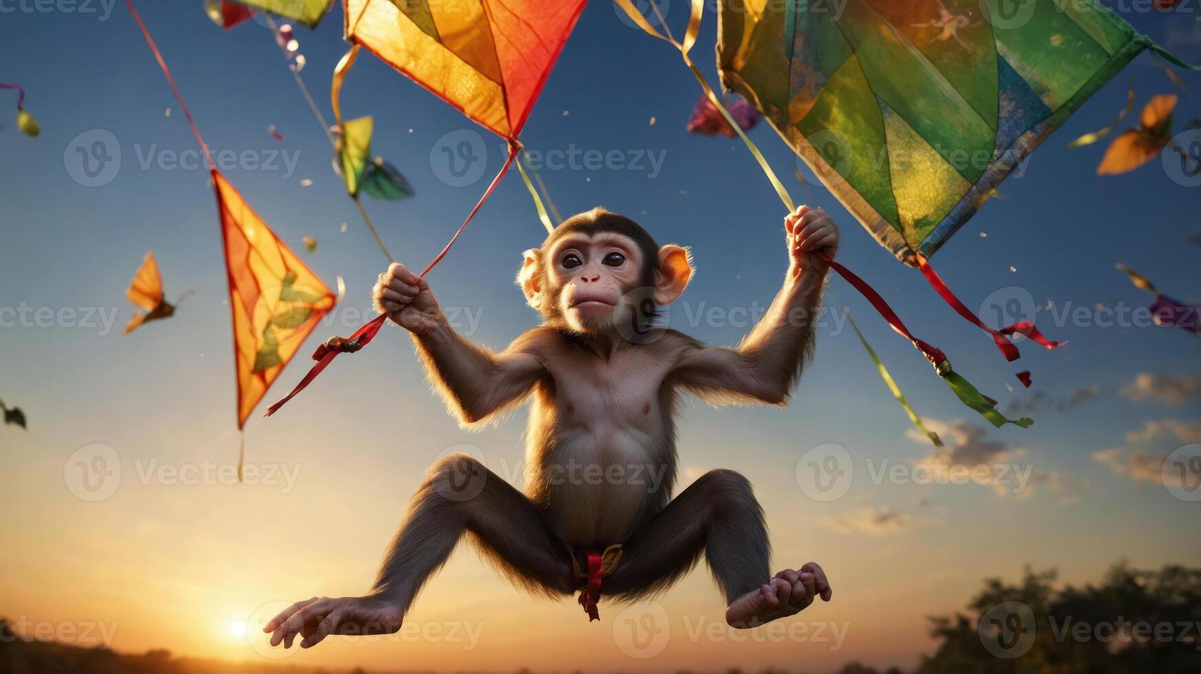 A playful monkey holds colorful kites against a sunset backdrop, evoking joy and freedom. photo