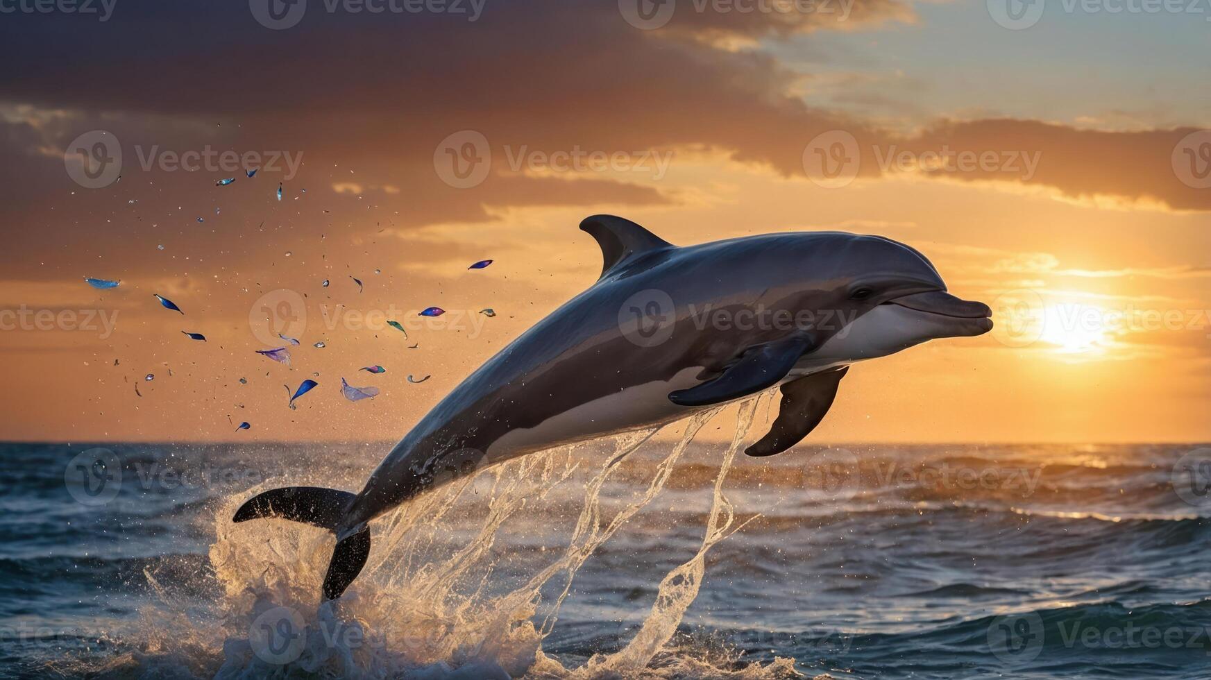A dolphin leaps gracefully out of the ocean at sunset, showcasing its playful nature. photo