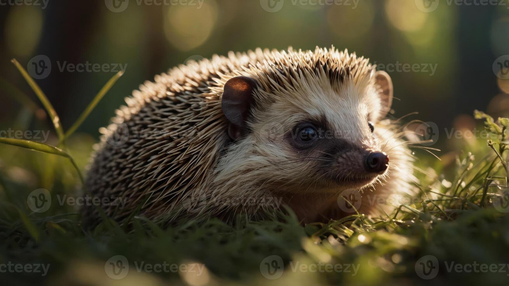 A close-up of a hedgehog resting in grass, surrounded by soft, natural light. photo