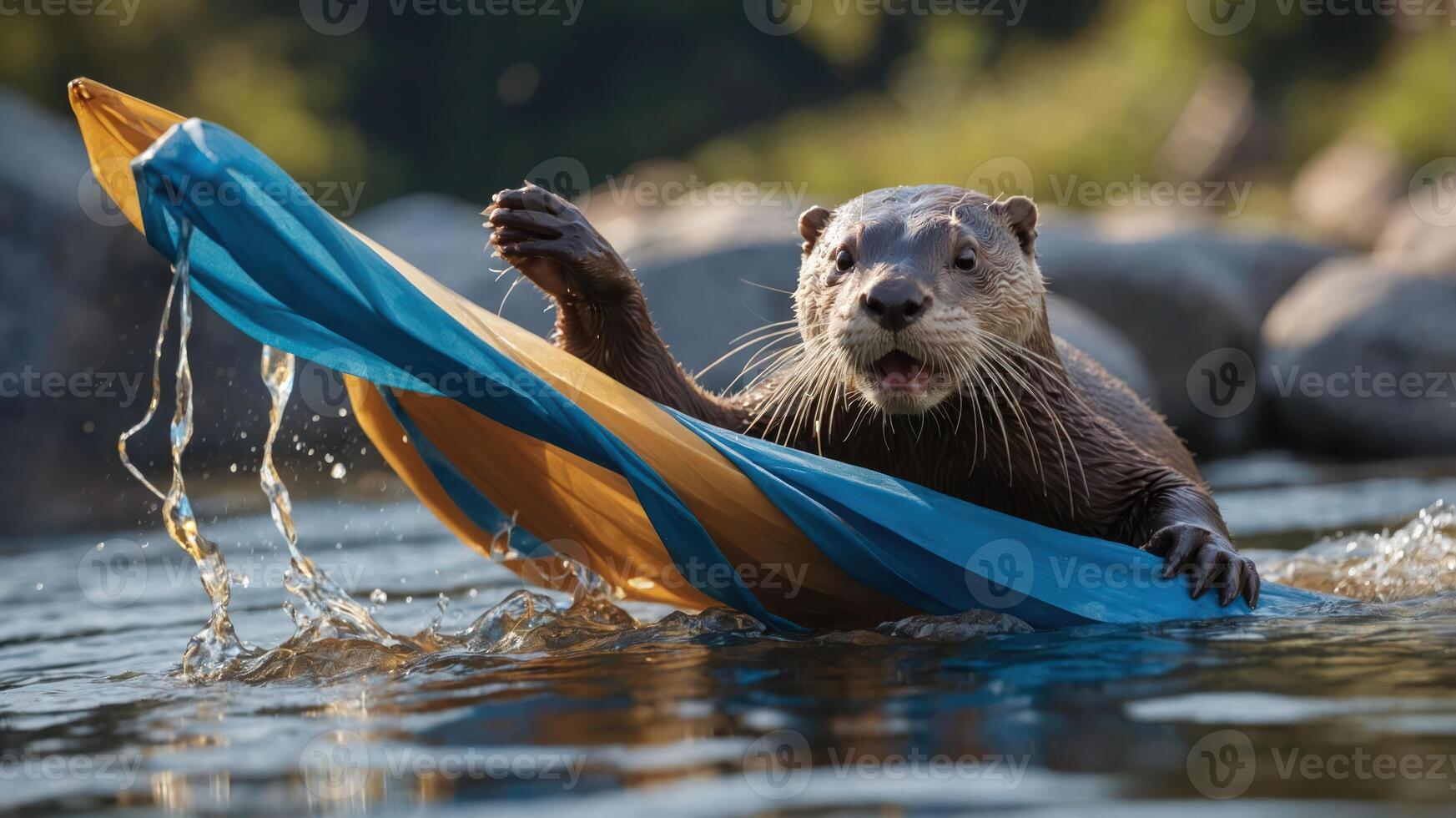 An otter joyfully plays with a colorful fabric in a serene water setting. photo