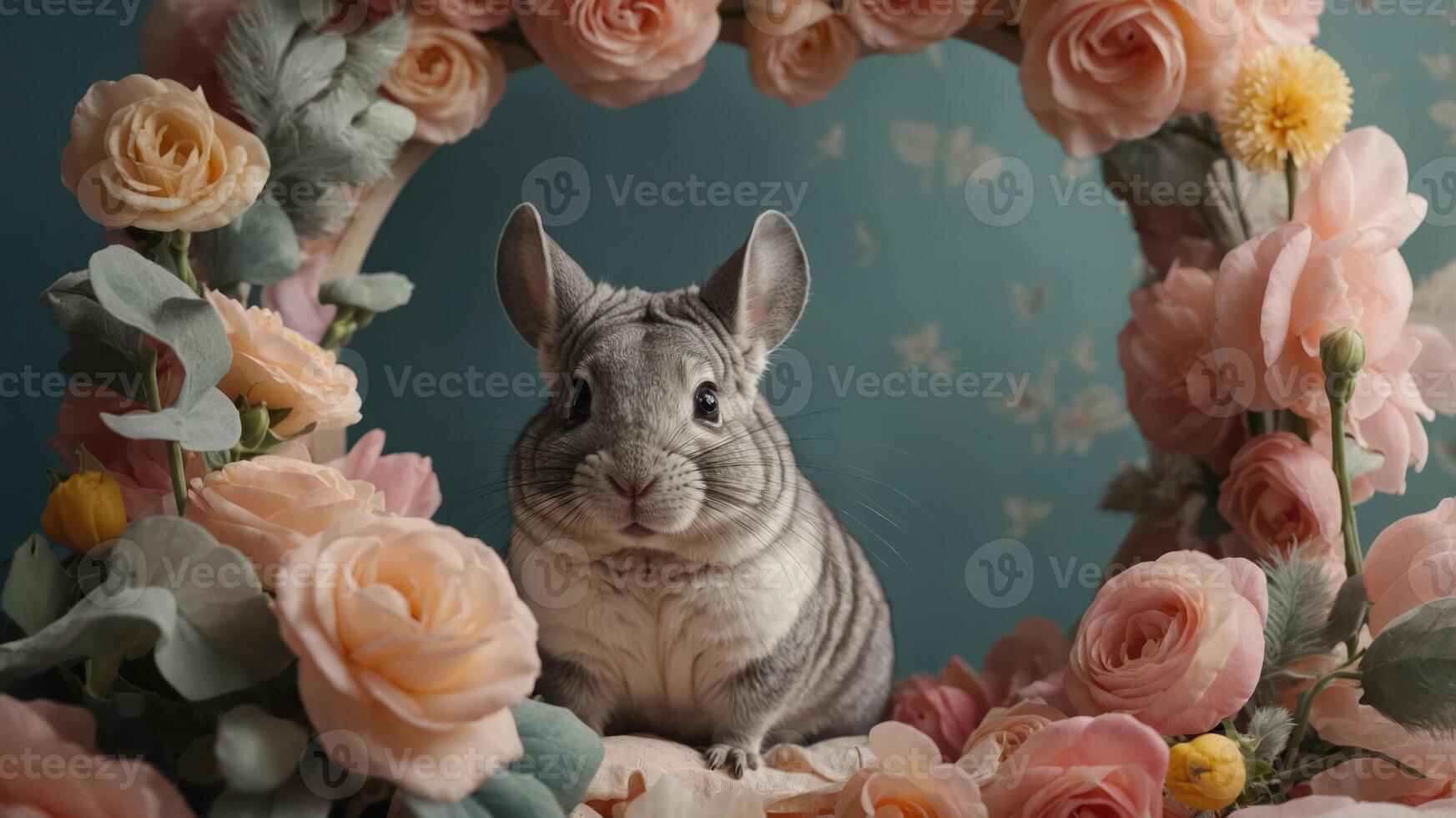 A chinchilla surrounded by pastel flowers in a decorative setting. photo