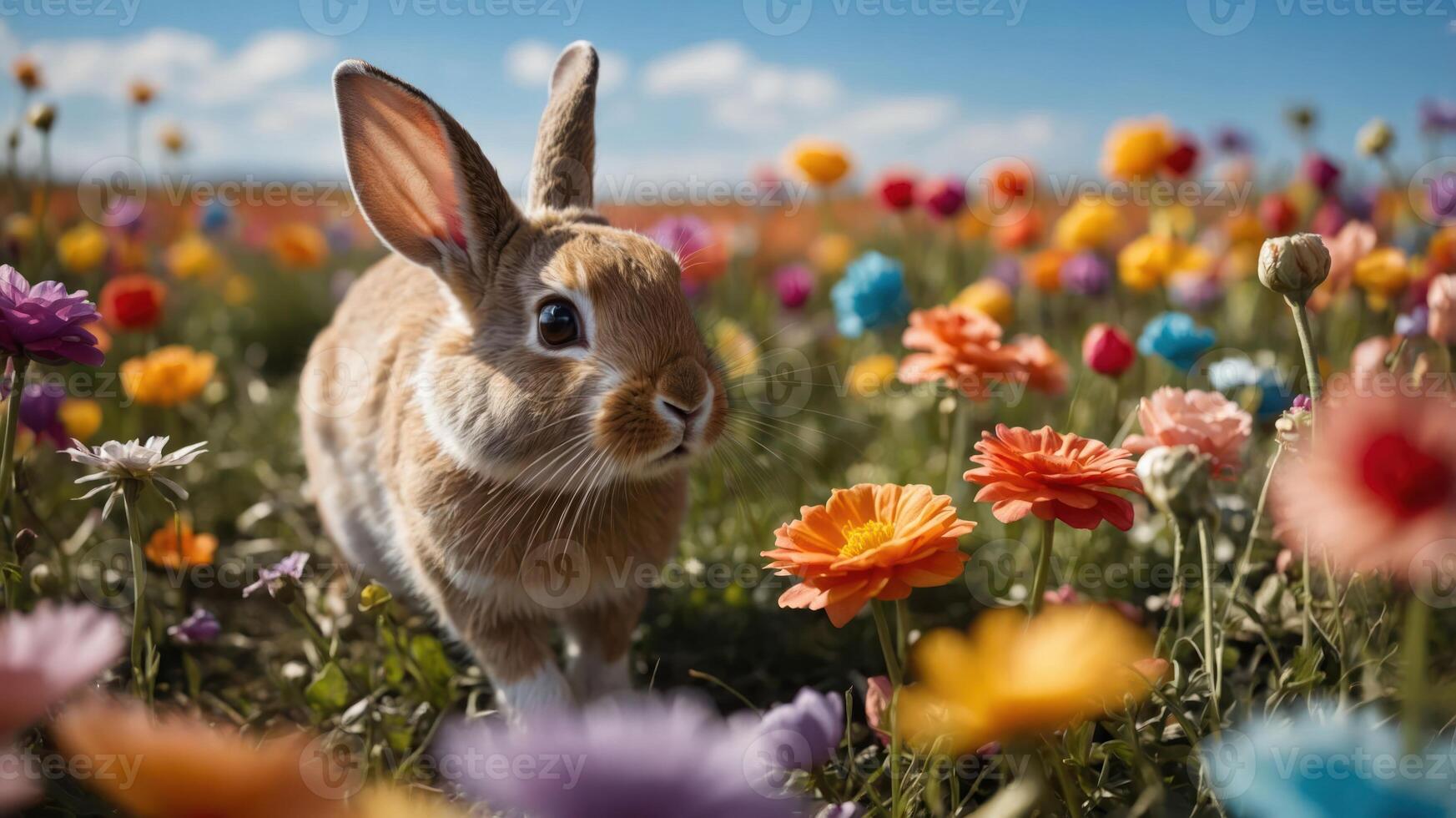 A playful rabbit explores a vibrant flower field under a bright blue sky. photo