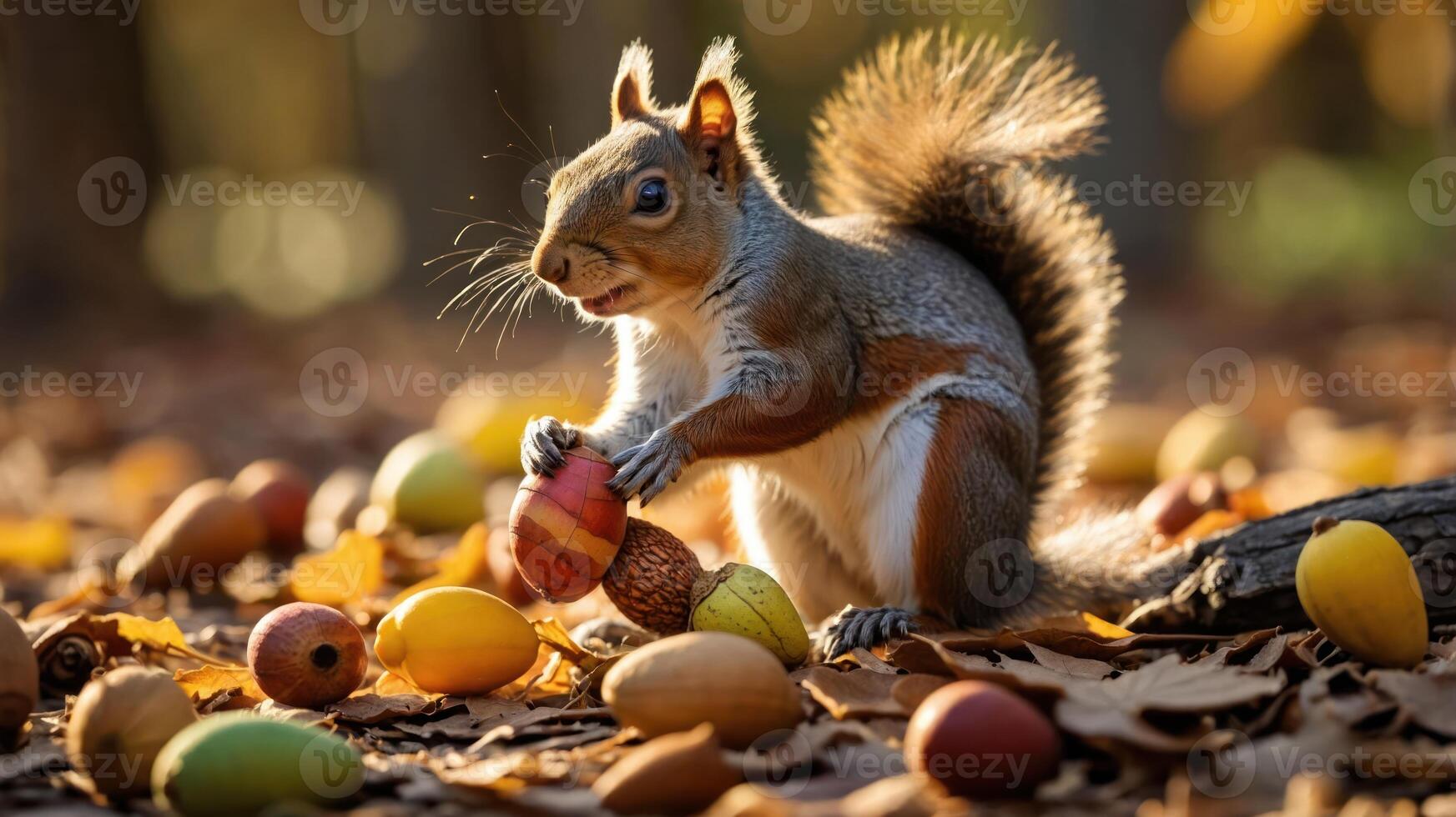 A squirrel gathers acorns in a forest, surrounded by colorful autumn leaves. photo