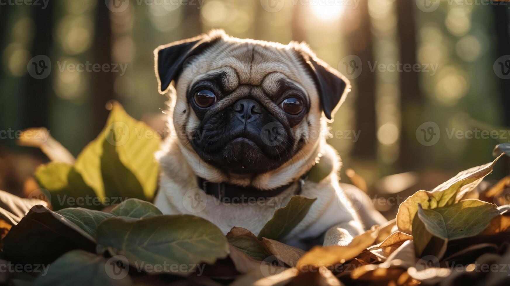 A pug resting among autumn leaves in a sunlit forest. photo