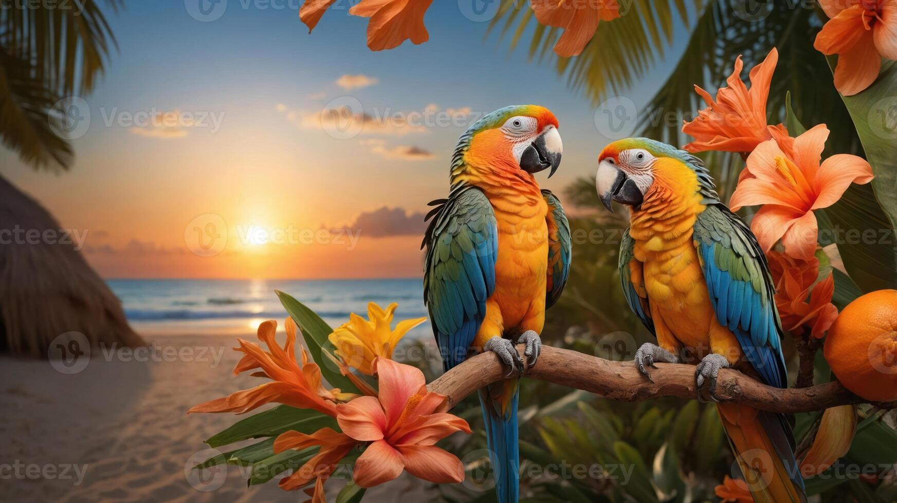 Two colorful parrots perched on a branch against a sunset beach backdrop. photo