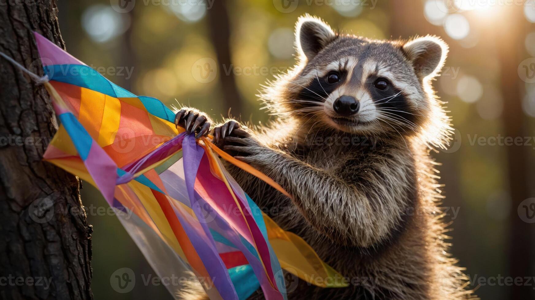 A raccoon playfully interacts with colorful ribbons in a sunlit forest setting. photo