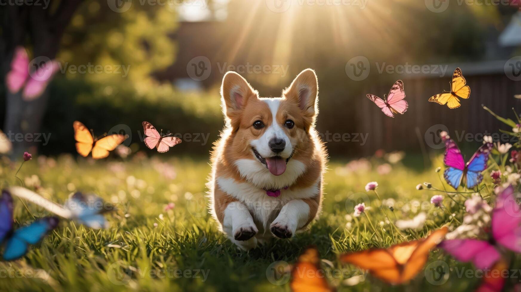 A playful corgi runs joyfully among colorful butterflies in a sunny garden. photo