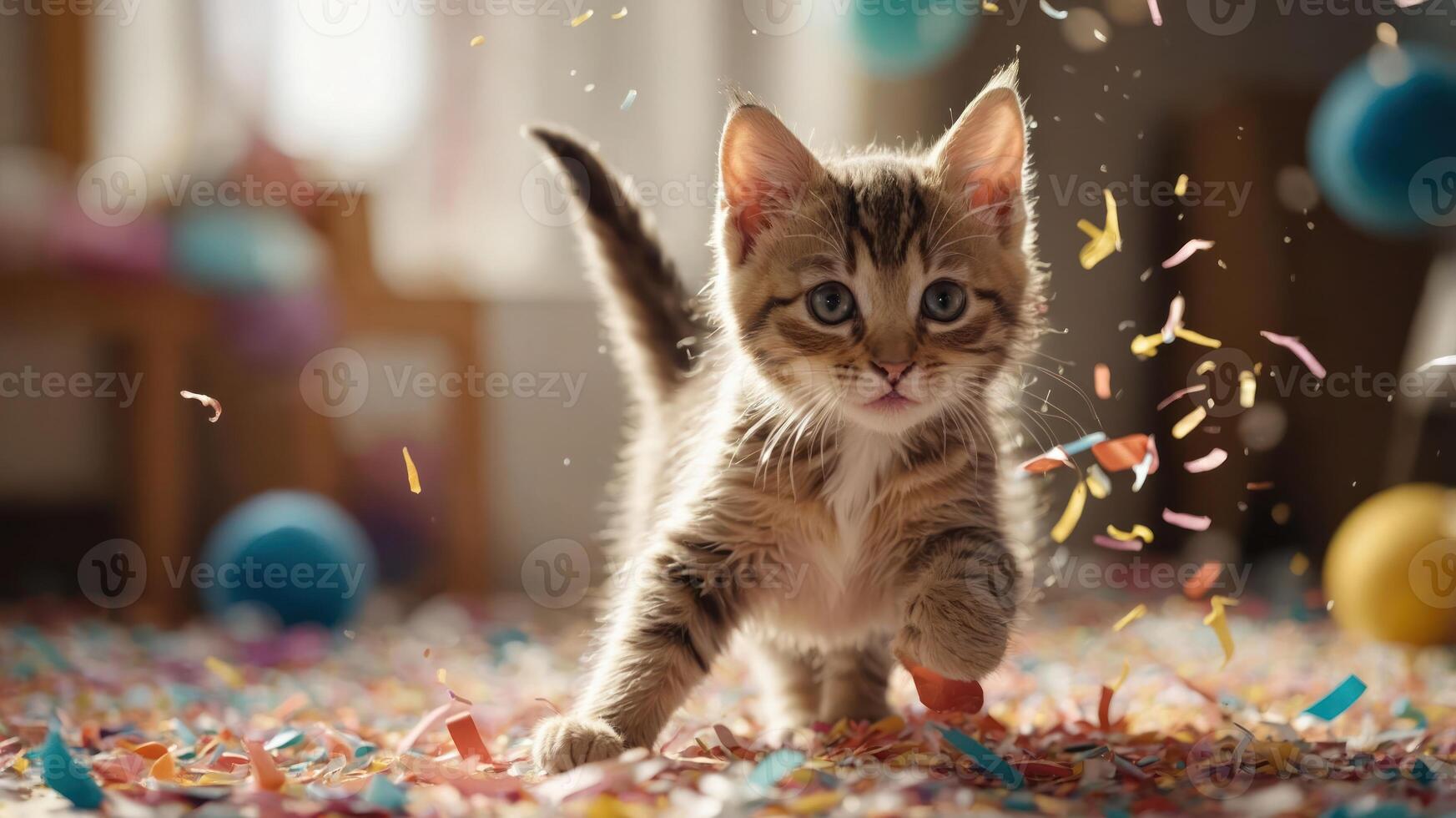 A playful kitten surrounded by colorful confetti, celebrating a joyful moment. photo