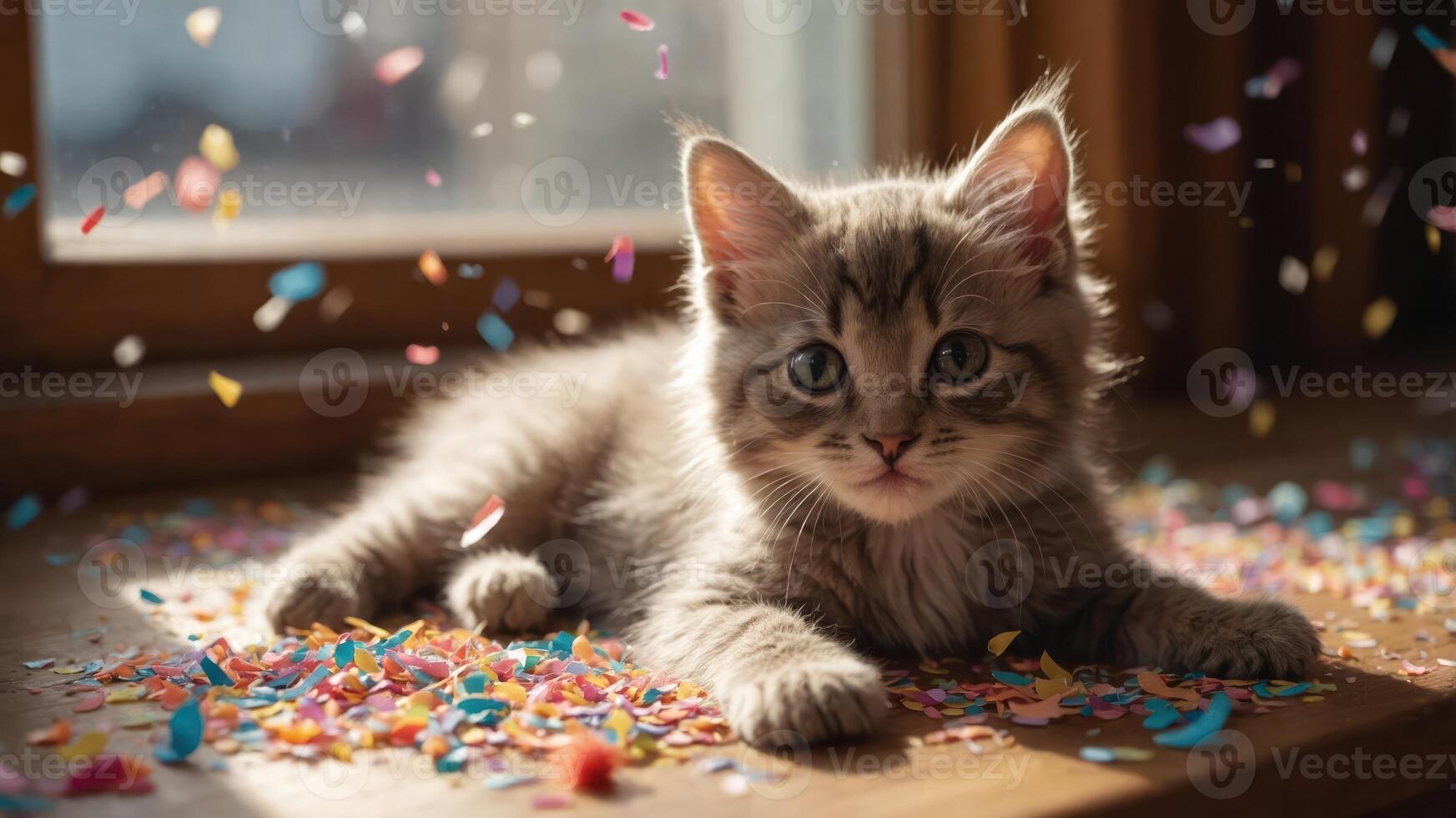 A playful kitten lying on a surface scattered with colorful confetti. photo