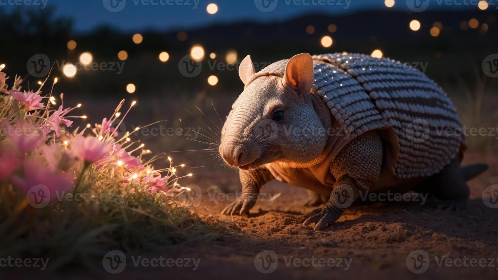 An armadillo near glowing flowers in a serene nighttime setting. photo