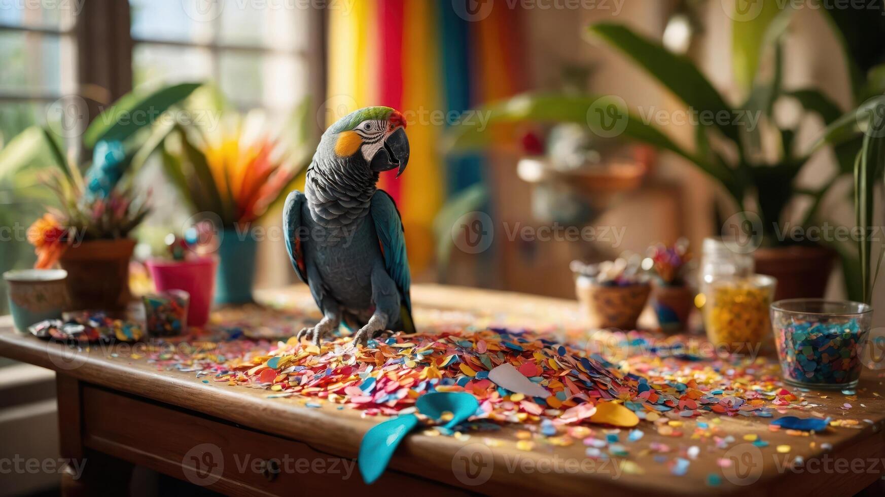A colorful parrot stands on a table covered in vibrant confetti and craft materials. photo