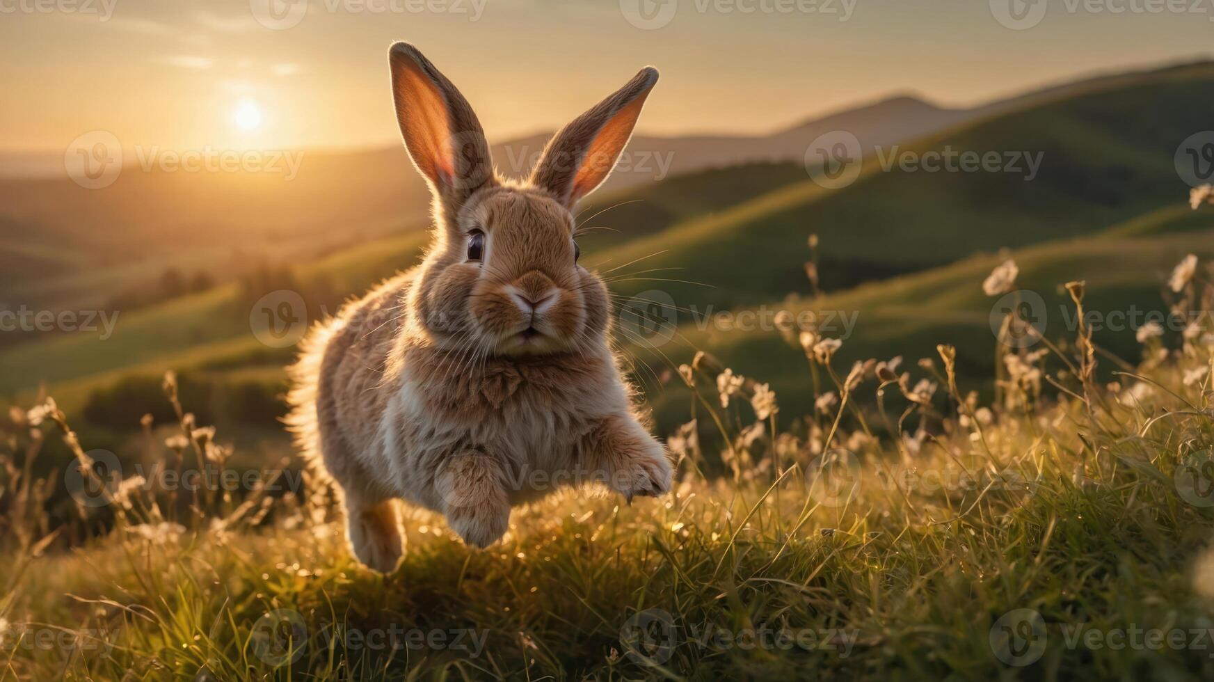A rabbit leaps joyfully across a grassy landscape at sunset. photo