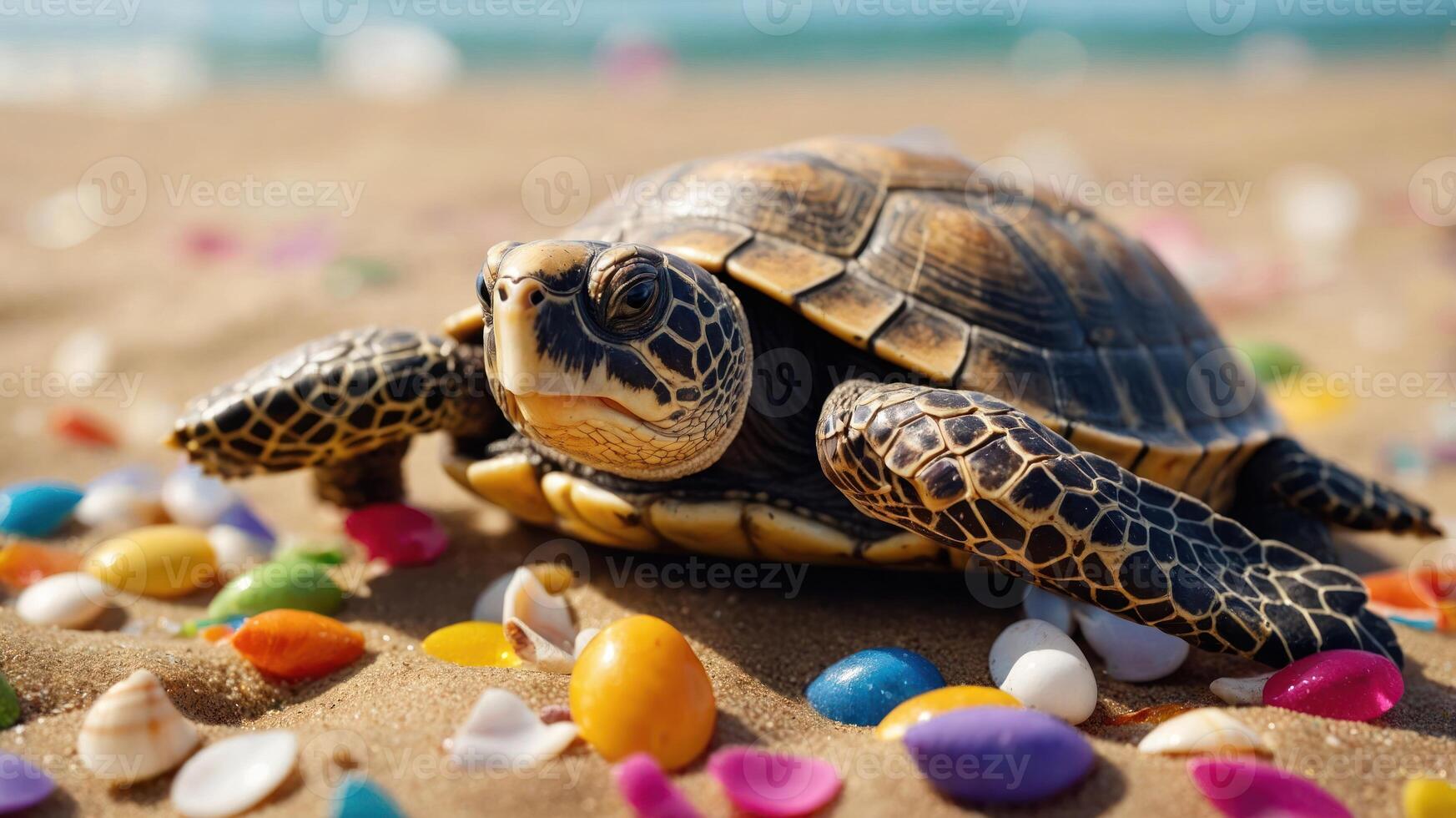 A turtle resting on a sandy beach surrounded by colorful pebbles. photo