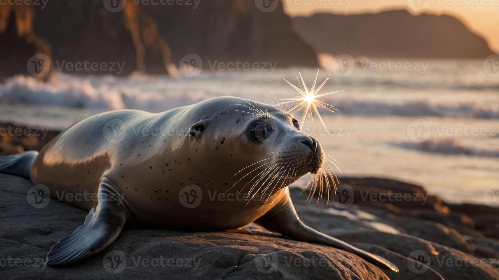 A seal lounging on a rocky beach at sunset, with sunlight reflecting off its whiskers. photo