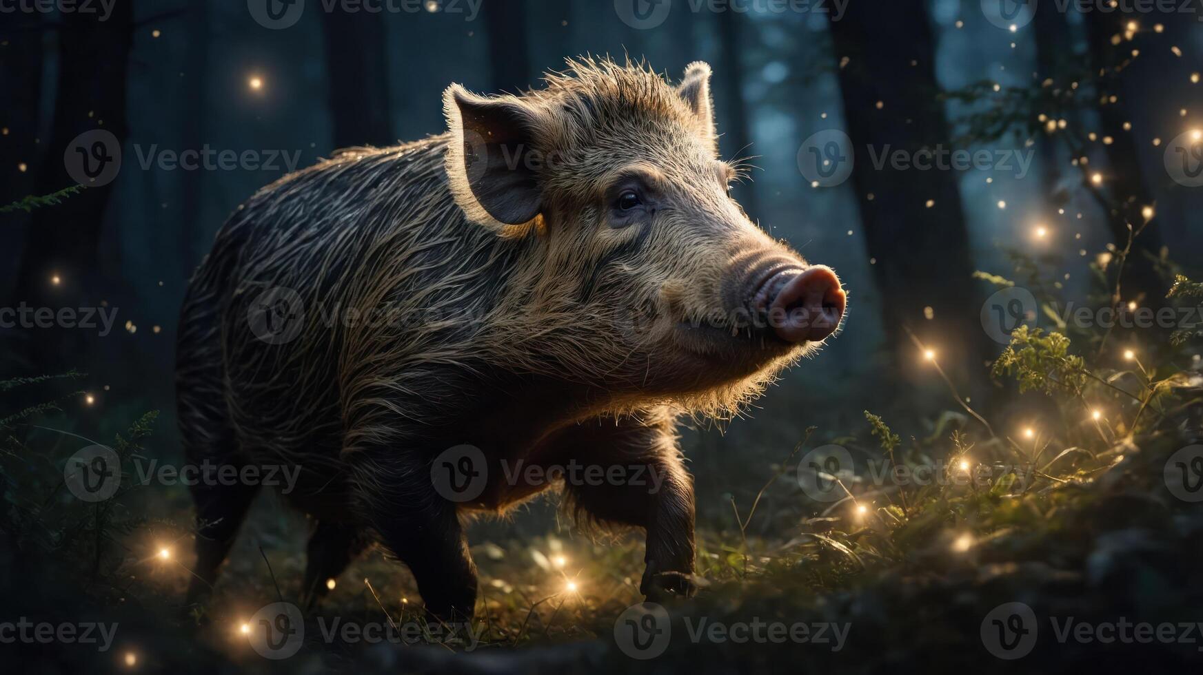 A wild boar illuminated by soft light in a mystical forest setting. photo