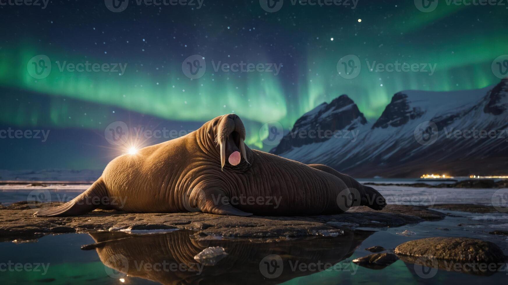 A walrus resting under the northern lights with mountains in the background. photo
