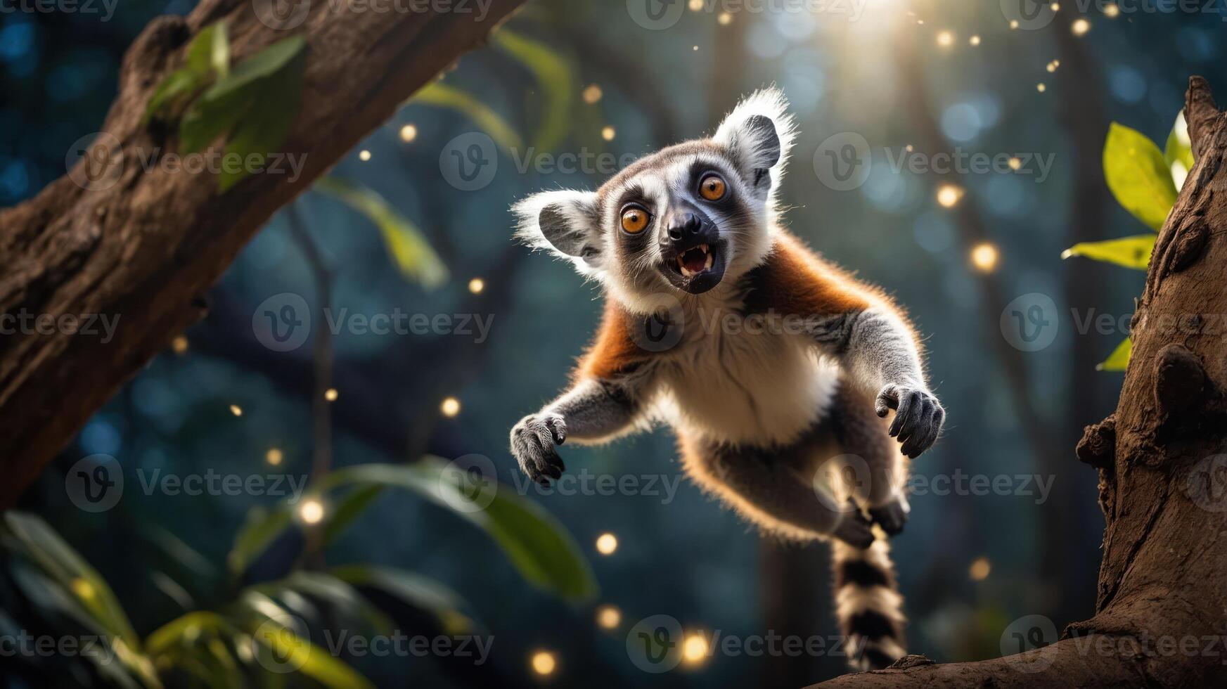 A playful lemur leaps through a vibrant forest, illuminated by soft, magical light. photo