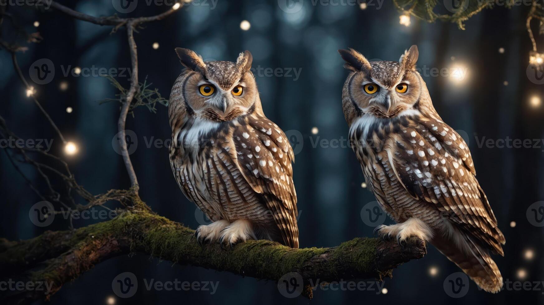 Two majestic owls perched on a mossy branch in a mystical forest setting. photo