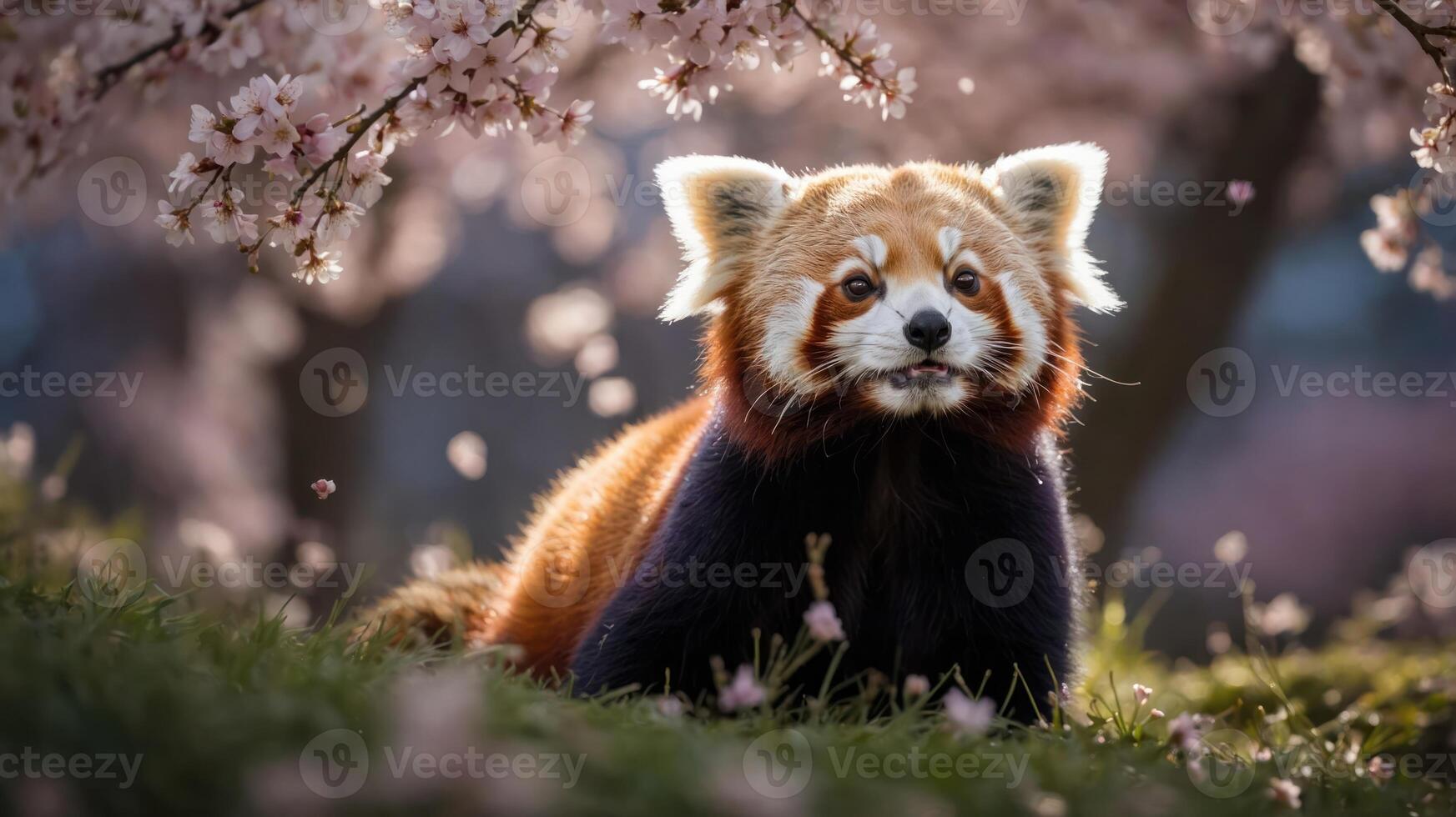 A red panda sits amidst cherry blossoms, showcasing its playful nature in a serene setting. photo