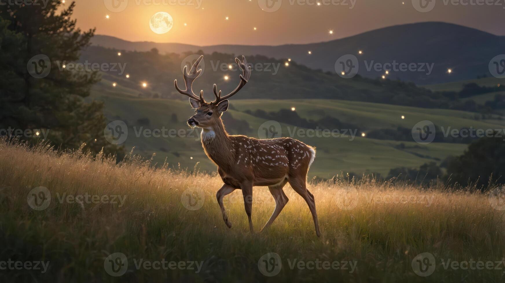 A serene deer walks through a grassy landscape under a glowing moon and twinkling stars. photo