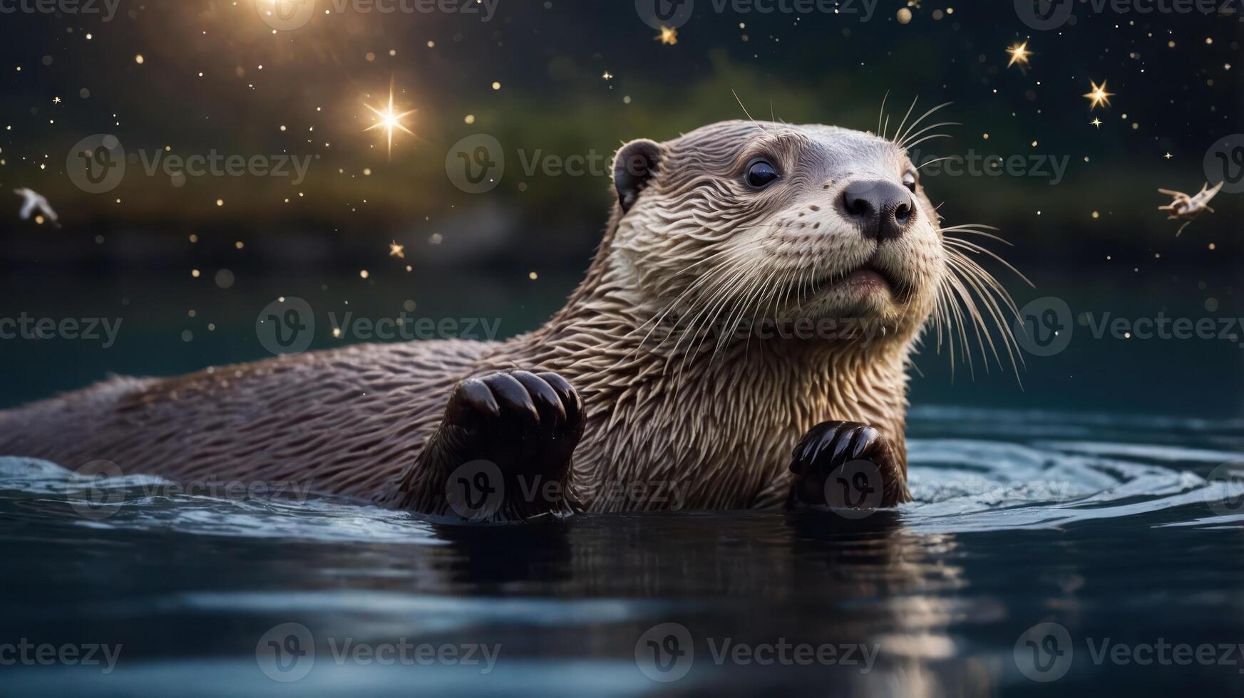 A curious otter emerges from water, surrounded by a magical, starry atmosphere. photo
