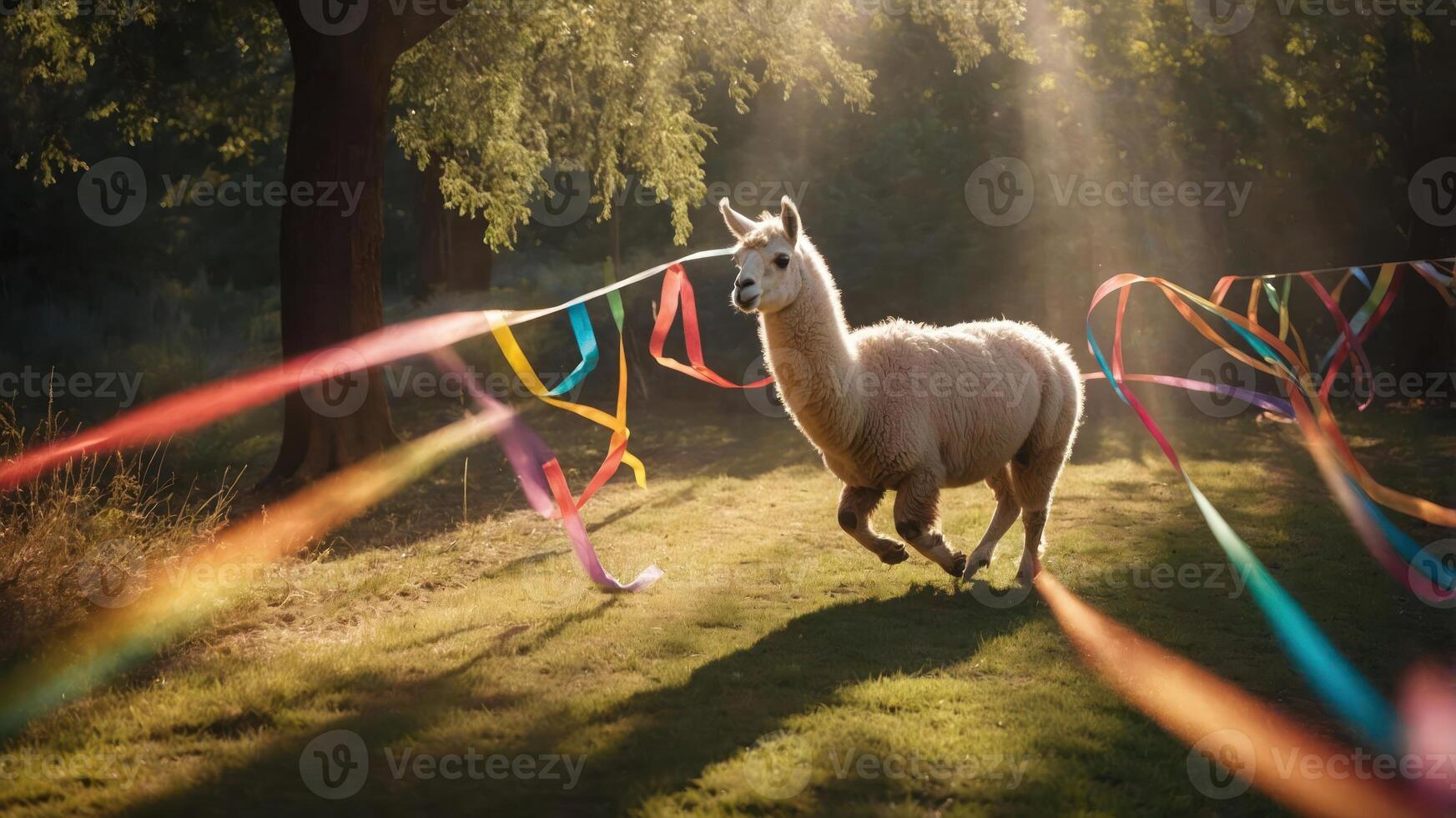 A playful llama runs through a sunlit field adorned with colorful ribbons. photo