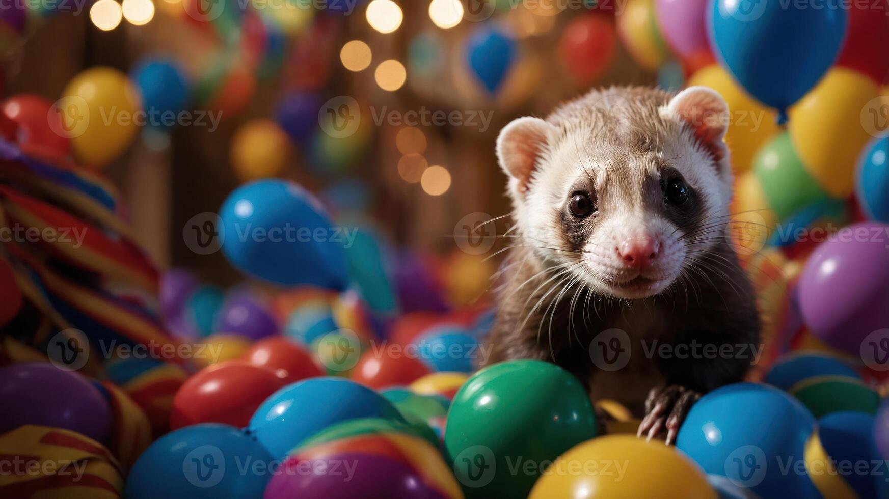 A playful ferret amidst colorful balloons, creating a festive atmosphere. photo