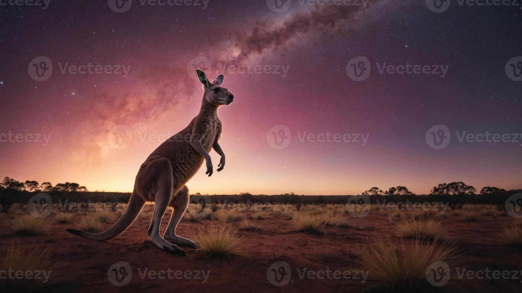 A kangaroo stands against a vibrant night sky filled with stars and the Milky Way. photo