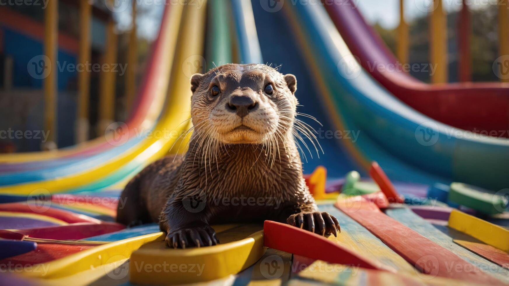 An otter lounging on colorful playground equipment near slides. photo