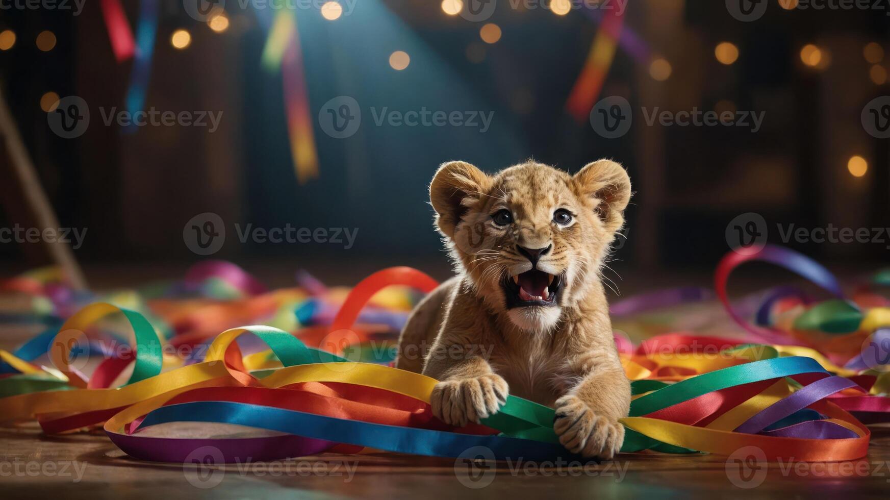 A playful lion cub surrounded by colorful ribbons, evoking a festive atmosphere. photo