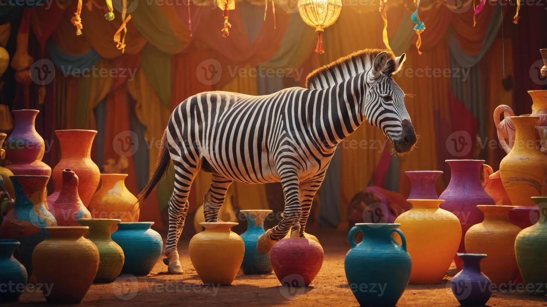 A zebra stands among colorful pottery in a vibrant, festive setting. photo